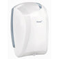 Ein weiß/transparenter Kunststoff-Papierrollenhalter mit Innenabwicklung (35,2 x 24,3 x 24 cm) von Diversey Deutschland. Wandmontage, modernes Design, Spender für Wischtücher mit sichtbarem Ausgabeschlitz. Packung: 1 Stück.
