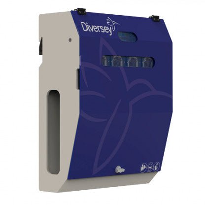 Η κύρια μονάδα DF5M (IOC) της Diversey Deutschland είναι ένα έξυπνο, τοποθετημένο στον τοίχο σύστημα δοσομέτρησης με μπλε μπροστινό πάνελ, υποδοχή παραθύρου και σύμβολα - ιδανικό για εσωτερικά πλυντήρια (μέγ. 4 μηχανές/προϊόντα).