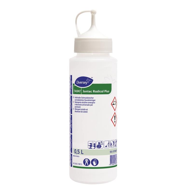 Ένα μπουκάλι δοσομέτρησης 0,5L Jontec Radical Plus από την Diversey Deutschland GmbH & Co. OHG με καπάκι ακροφυσίου για ακριβή δοσολογία. Ετικέτα με σύμβολα ασφαλείας, λεπτομερείς πληροφορίες καθώς και τα χρώματα πράσινο, μπλε και λευκό.