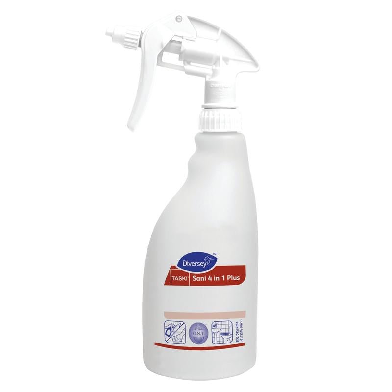 Η λευκή φιάλη ψεκασμού 500 ml "Sani 4 in 1 Plus" της Diversey Deutschland GmbH & Co. OHG με σκανδάλη αφρού, μπλε και κόκκινο σχέδιο, σύμβολα για καθαρισμό και απολύμανση, είναι διαθέσιμη ως φιάλη αναπλήρωσης (1 τεμάχιο).