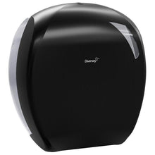 Η θήκη για χαρτί τουαλέτας Jumbo Maxi από την Diversey Deutschland GmbH & Co. OHG είναι ένας μαύρος διανομέας με διαφανή δεξιά πλευρά και λογότυπο στο κέντρο - ιδανικός για εμπορικούς χώρους υγιεινής. Απεικονίζεται σε λευκό φόντο.