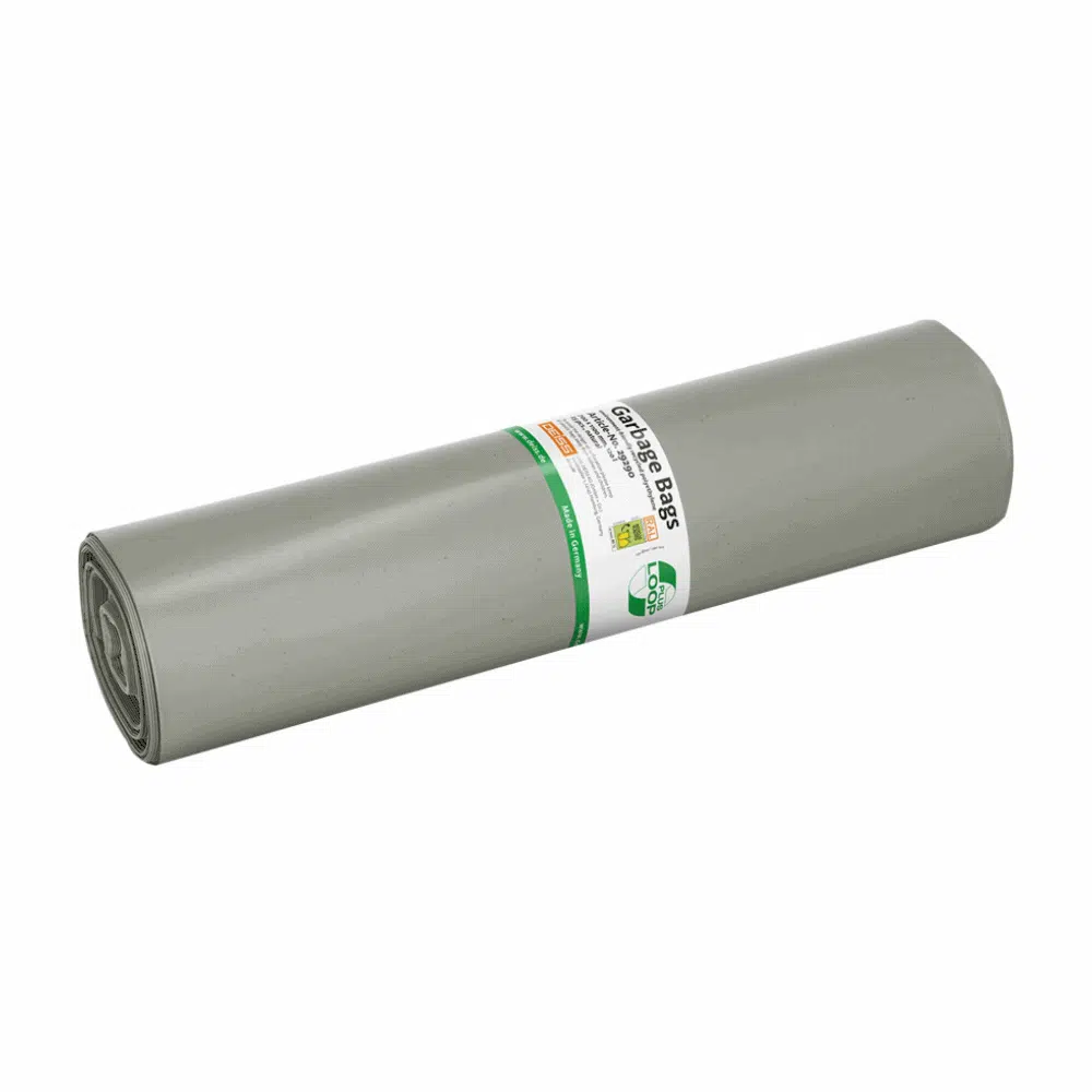 Οι σακούλες απορριμμάτων DEISS LOOP PLUS 29290, μια γκρίζα πλαστική επιφάνεια 120 λίτρων της μάρκας EMIL DEISS KG (GmbH + Co.), είναι διακοσμημένες με κείμενα και σύμβολα σε έντονες πράσινες και μαύρες σημάνσεις. Η κυλινδρική επιφάνεια αποτελείται από ανακυκλωμένο υλικό και συμμορφώνεται με τις αρχές της κυκλικής οικονομίας, καθιστώντας την πολυχρηστική.