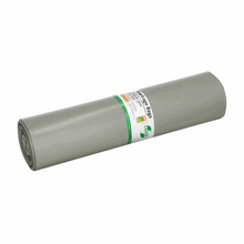 Οι σακούλες απορριμμάτων DEISS LOOP PLUS 29290, μια γκρίζα πλαστική επιφάνεια 120 λίτρων της μάρκας EMIL DEISS KG (GmbH + Co.), είναι διακοσμημένες με κείμενα και σύμβολα σε έντονες πράσινες και μαύρες σημάνσεις. Η κυλινδρική επιφάνεια αποτελείται από ανακυκλωμένο υλικό και συμμορφώνεται με τις αρχές της κυκλικής οικονομίας, καθιστώντας την πολυχρηστική.