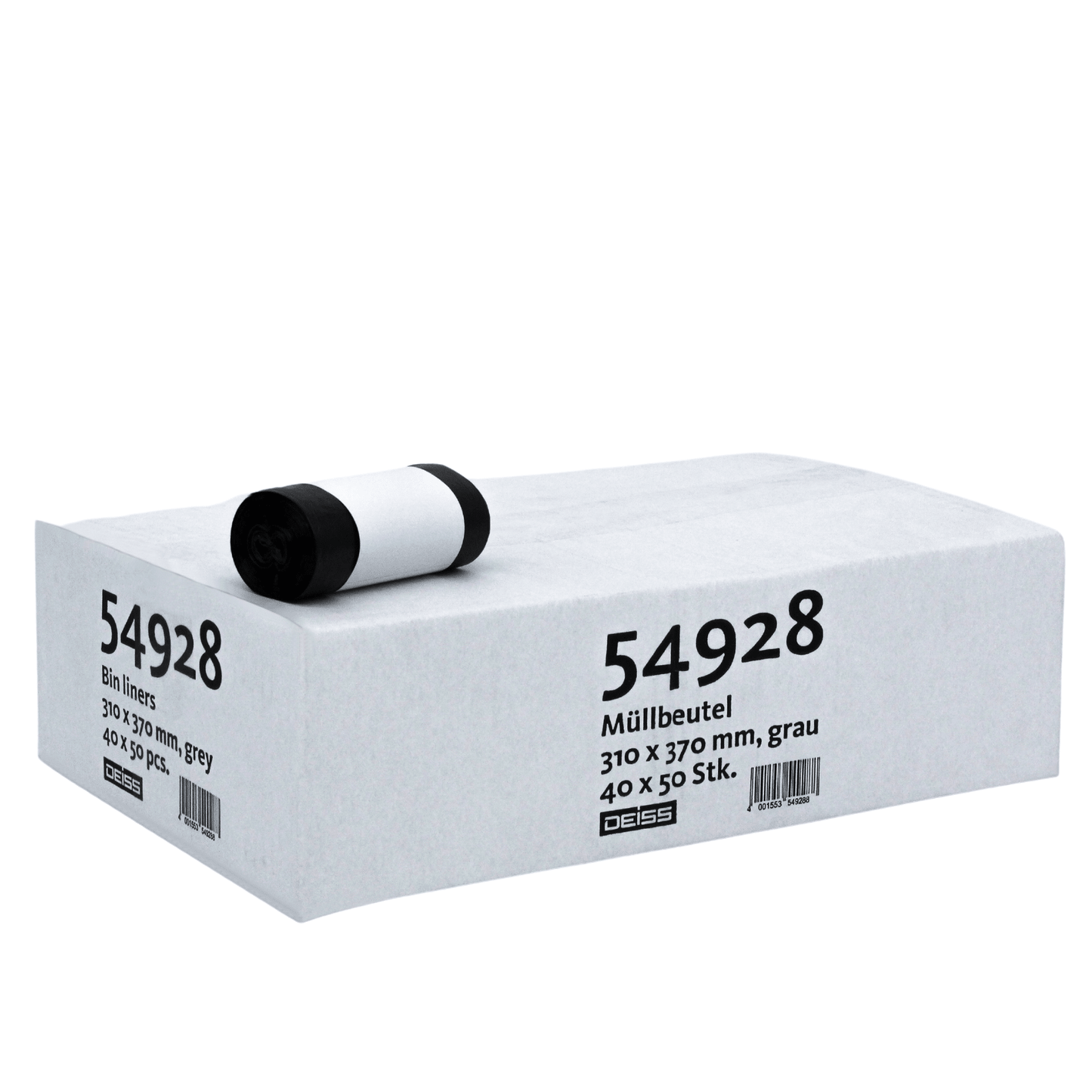 Σε ένα χαρτόνι με γκρι σακούλες απορριμμάτων της μάρκας EMIL DEISS KG (GmbH + Co.) με ρολό επάνω είναι γραμμένες οι λεπτομέρειες του προϊόντος: «6 λίτρα ανθεκτικό στο σχίσιμο με 10–20 % περιεχόμενο αναγέννησης, 310 x 370 mm, γκρι, 40 x 50 τεμ.» και «30 x 39», «30 τεμ.» με μαύρα γράμματα.