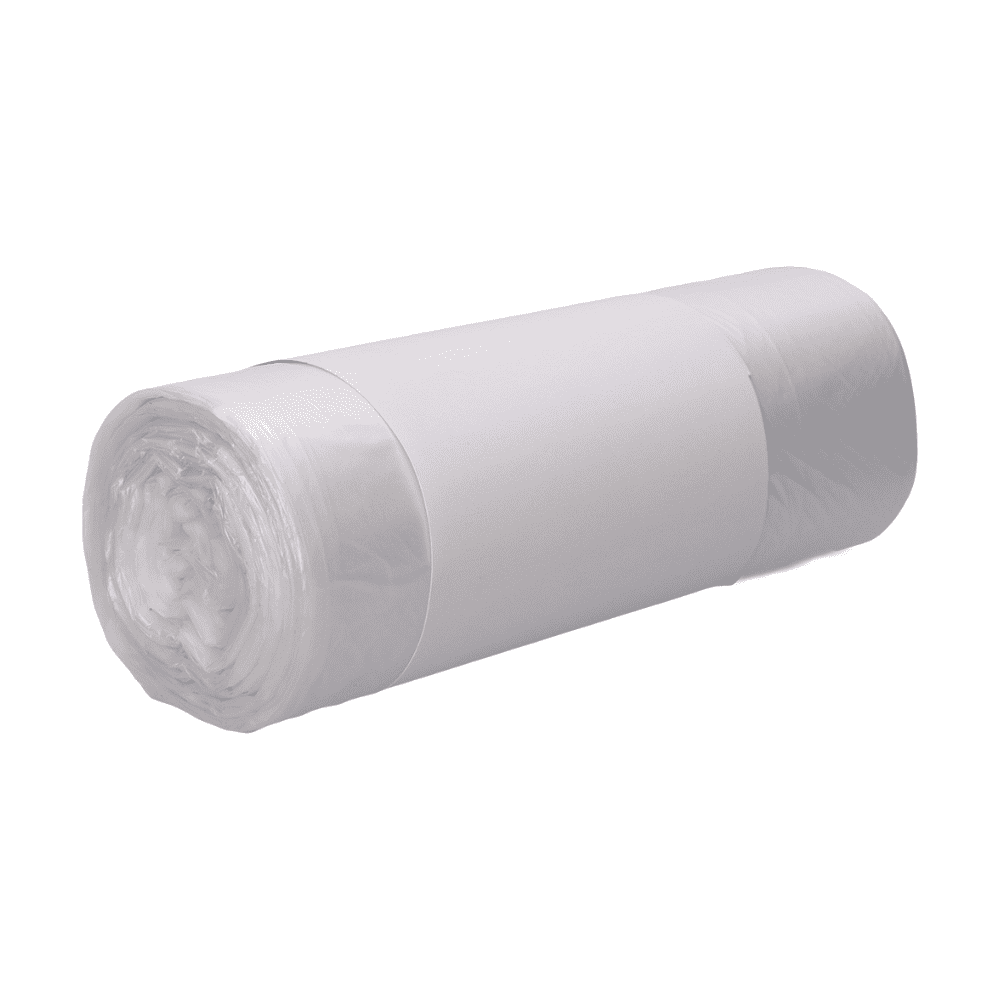 Η σακούλα απορριμμάτων DEISS από HDPE, 59983, παρουσιάζεται ως συμπαγές μεγάλο ρολό με μια απλή λευκή ετικέτα χαρτιού. Η διαφάνεια των σακουλών 30 λίτρων της EMIL DEISS KG (GmbH + Co.) είναι εμφανής στις άκρες, μπροστά από ένα διακριτικό και ουδέτερο φόντο.