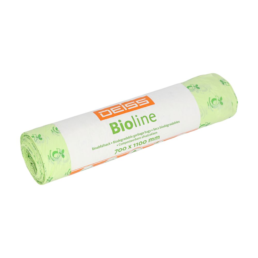 Ένας ρόλος πράσινων, βιοδιασπώμενων σακουλών απορριμμάτων DEISS 120 λίτρων, με την επιγραφή «EMIL DEISS KG (GmbH + Co.)», με διαστάσεις 700 x 1100 mm. Στη συσκευασία είναι εμφανής η επιγραφή «βιοδιασπώμενο» σε πολλές γλώσσες.