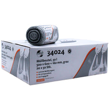 Η εικόνα δείχνει ένα κουτί DEISS First Plus Pcr σακούλες απορριμμάτων, με την ετικέτα 30 λίτρα και διαστάσεις 500 x 600 + 160 mm. Η συσκευασία αποτελείται από LDPE και περιλαμβάνει 20 ρολά με 50 σακούλες το καθένα. Στο κουτί απεικονίζεται ένα άτομο που κρατά τις σακούλες. Το προϊόν είναι από τη μάρκα EMIL DEISS KG (GmbH + Co.).