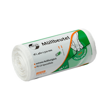 Ένα κυλινδρικό πακέτο λευκών σακουλών απορριμμάτων με μια πράσινο-λευκή ετικέτα με γερμανικό κείμενο. Η ετικέτα τονίζει χαρακτηριστικά όπως «εξαιρετικά ανθεκτικό στο σχίσιμο» (ανθεκτικό στη διάτρηση και στο σχίσιμο) και «Εύκολο άνοιγμα». Αυτός είναι ο DEISS First Plus® σάκος απορριμμάτων 18 λίτρων, κατασκευασμένος από Premium-LDPE, με διαστάσεις 460 x 520 mm, από την EMIL DEISS KG (GmbH + Co.).