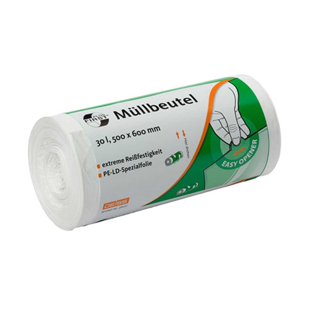 Ένα ρολό σακούλες απορριμμάτων DEISS First Plus® 30 λίτρων, Premium-LDPE, αριθμός προϊόντος 36021, της EMIL DEISS KG (GmbH + Co.), διαθέτει λευκό σχέδιο LDPE με την επιγραφή «Σακούλες απορριμμάτων» στις διαστάσεις 500 x 600 mm. Η συσκευασία δείχνει ένα σχέδιο πράσινο-λευκό με την εικόνα ενός χεριού που αναδεικνύει τον μηχανισμό «Easy-Opener».