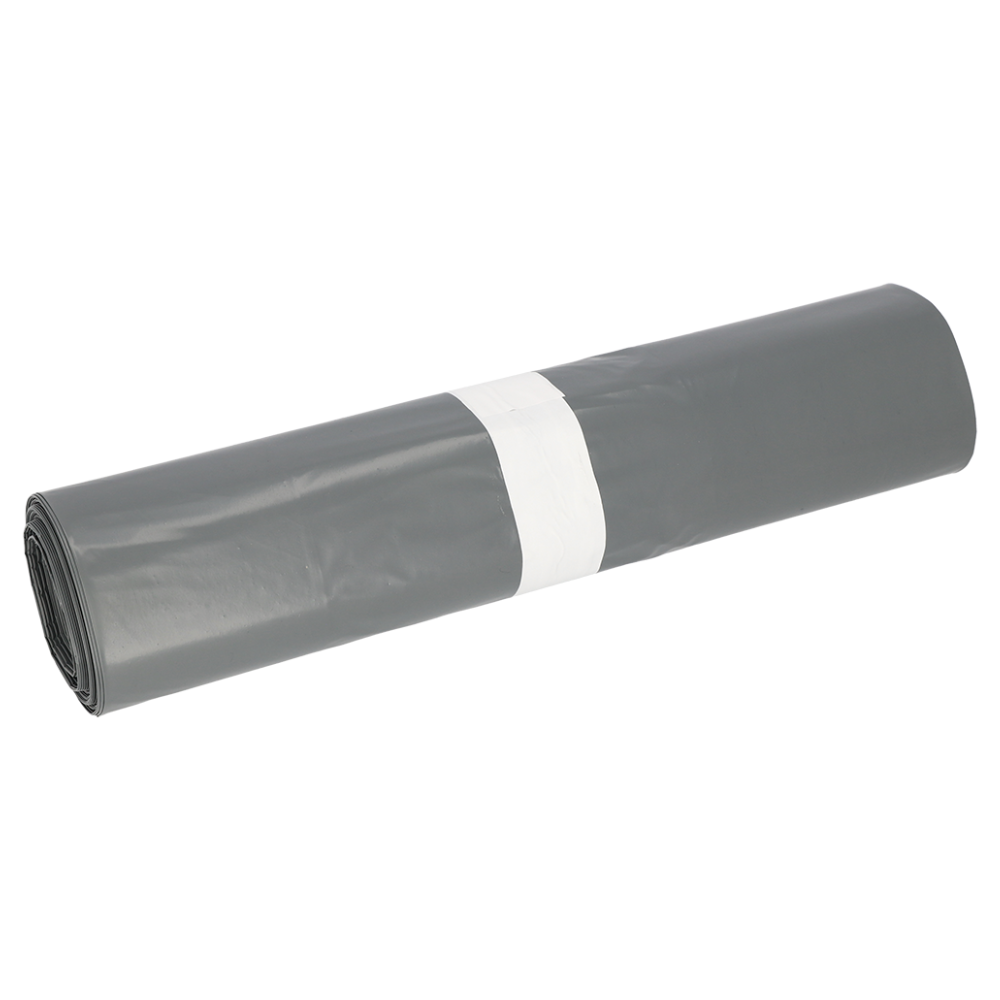 Ένας τυλιγμένος γκρι σάκος απορριμμάτων DEISS Premium® Typ 60, κατασκευασμένος από υψηλής ποιότητας ανακυκλωμένο υλικό της EMIL DEISS KG (GmbH + Co.), είναι ασφαλισμένος με μια λευκή λωρίδα. Το υπόβαθρο είναι μονόχρωμο λευκό.