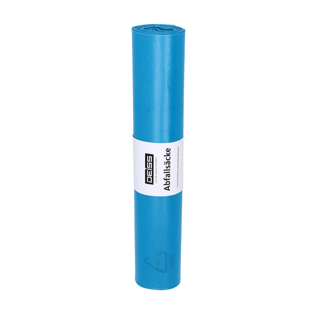 Ένας κυλιόμενος μπλε σάκος απορριμμάτων DEISS Standard® από LDPE με μια λευκή ετικέτα με κείμενο και λογότυπο που υποδεικνύει την περιβαλλοντική πιστοποίηση του Blauer Engel.