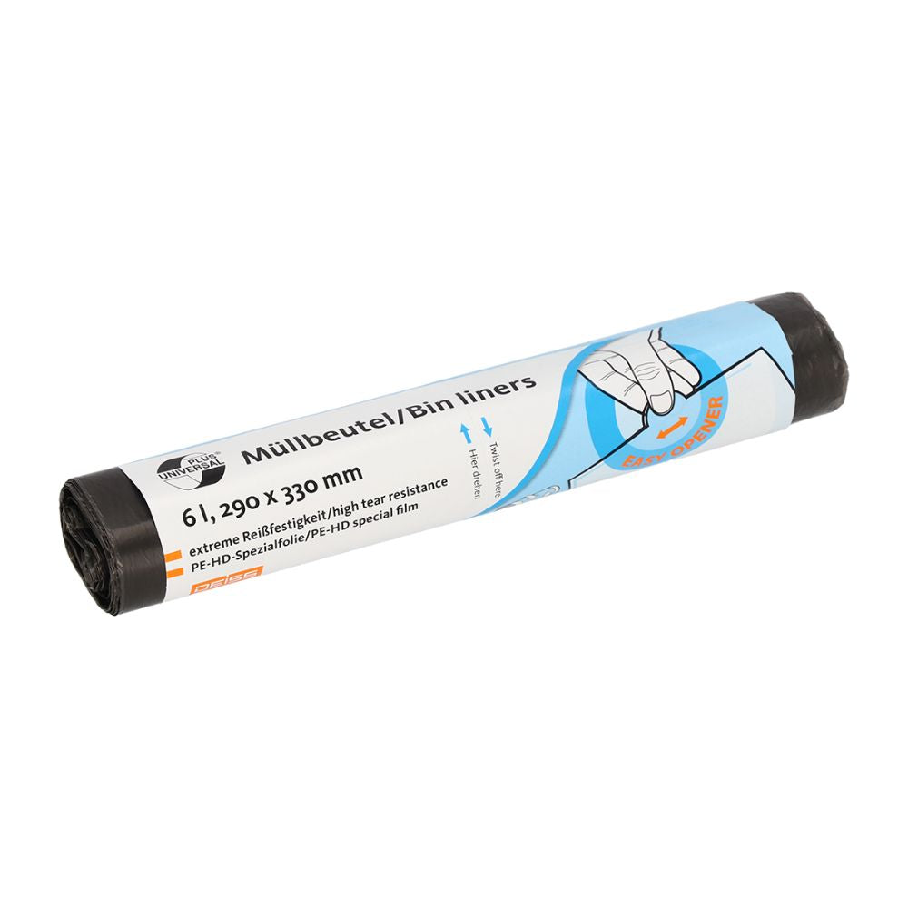 Eine Rolle DEISS Universal Plus® Müllbeutel 6 Liter, 44901, von EMIL DEISS KG (GmbH + Co.) enthält Etiketten in Deutsch und Englisch, die die Abmessungen mit 61.290 x 330 mm angeben. Die Verpackung betont ein leicht zu öffnendes Design mit hoher Reißfestigkeit und verfügt über eine HDPE-Spezialfolie. Das Etikett zeigt außerdem eine Hand, die Müll in einen Behälter wirft.