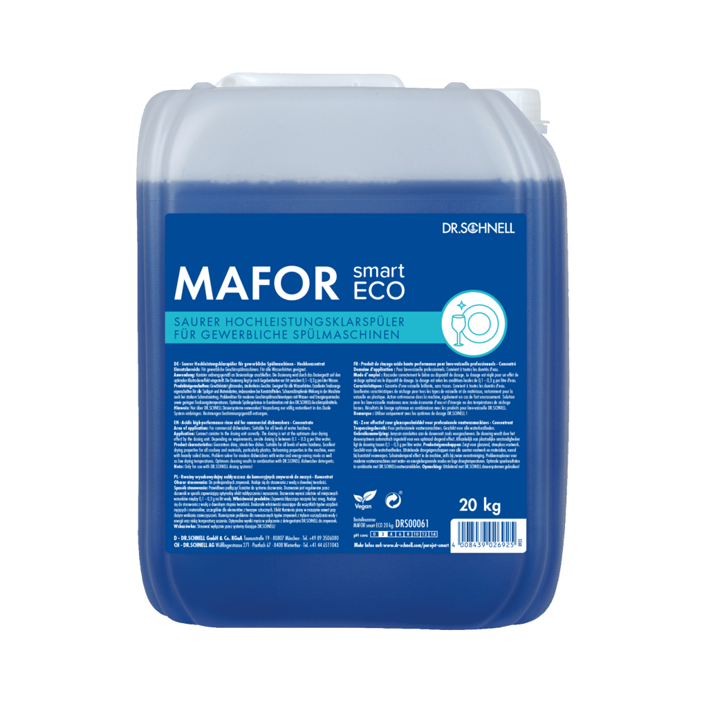 Ένα δοχείο 20 κιλών Dr. Schnell MAFOR smart ECO της DR.SCHNELL GmbH & Co. KGaA, ένα φιλικό προς το περιβάλλον μπλε υγρό ξεβγάλματος για επαγγελματικά πλυντήρια πιάτων, έχει ετικέτα με πληροφορίες προϊόντος και οδηγίες στα γερμανικά.