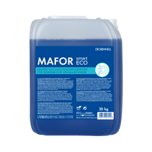 Ein 20 kg-Gebinde Dr. Schnell MAFOR smart ECO der DR.SCHNELL GmbH & Co. KGaA, einem umweltfreundlichen blauen Klarspüler für gewerbliche Geschirrspüler, ist auf dem blauen Etikett mit Produktinformationen und Hinweisen in deutscher Sprache versehen.