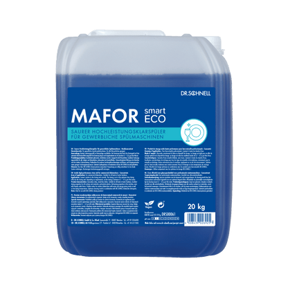 Ένα δοχείο 20 κιλών Dr. Schnell MAFOR smart ECO της DR.SCHNELL GmbH & Co. KGaA, ένα φιλικό προς το περιβάλλον μπλε υγρό ξεβγάλματος για επαγγελματικά πλυντήρια πιάτων, έχει ετικέτα με πληροφορίες προϊόντος και οδηγίες στα γερμανικά.