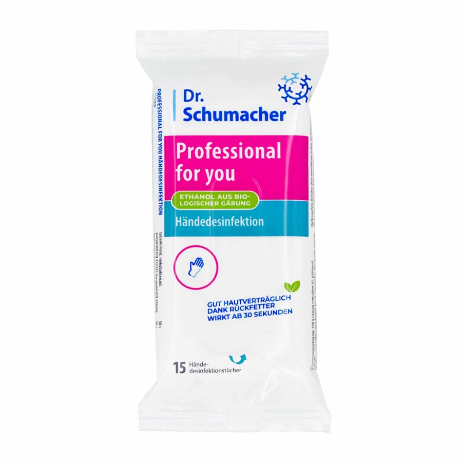 Μια συσκευασία Dr. Schumacher GmbH Professional for you μαντηλάκια απολύμανσης χεριών, με γερμανικό κείμενο σε λευκή συσκευασία και μπλε/ροζ αποχρώσεις. Περιέχει 15 ιοκτόνα, φιλικά προς το δέρμα μαντηλάκια.