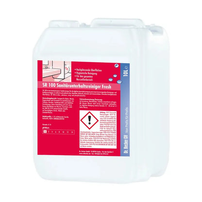 Ένα λευκό πλαστικό δοχείο με την γερμανική επιγραφή «Dr. Becher SR 100 Καθαριστικό Συντήρησης Υγιεινής Fresh» με κόκκινο και μπλε χρώμα. Περιέχει σύμβολα κινδύνου και έναν γραμμωτό κώδικα.