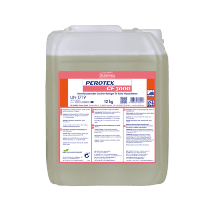 Ένα διαφανές πλαστικό δοχείο 12 κιλών με λαβή, γεμάτο με Dr. Schnell Perotex CF 3000 καθαριστικό πιάτων από την DR.SCHNELL GmbH & Co. KGaA. Η λευκή-κόκκινη ετικέτα δείχνει μπλε πληροφορίες προϊόντος και οδηγίες χρήσης για σκληρό νερό.