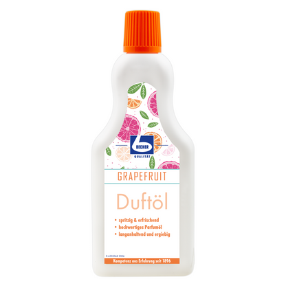 Μπουκάλι Dr. Becher αρωματικό έλαιο απορρυπαντικού με άρωμα γκρέιπφρουτ, πολύχρωμο σχέδιο εσπεριδοειδών στην ετικέτα, πορτοκαλί καπάκι και λευκό μπουκάλι με γερμανικό κείμενο που τονίζει τα χαρακτηριστικά: «δροσερό & αναζωογονητικό» από την Dr. Becher GmbH.