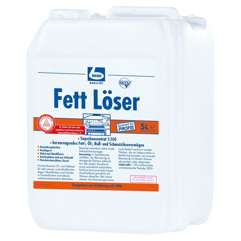 Ένα λευκό πλαστικό δοχείο 5 λίτρων με την επιγραφή "Dr. Becher Λύτης Λίπους" σε μπλε και κόκκινο. Η ετικέτα παρέχει πληροφορίες για τη χρήση του λύτη λίπους για επαγγελματίες στον τομέα της κουζίνας,