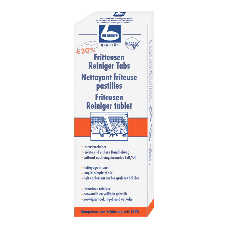 Ένα κουτί Dr. Becher ταμπλέτες καθαρισμού φριτέζας για τον καθαρισμό φριτεζών, με πληροφορίες στα Γερμανικά που δείχνουν 20% μεγαλύτερη ποσότητα. Η συσκευασία είναι λευκή και μπλε και φέρει κείμενο της Dr. Becher GmbH.