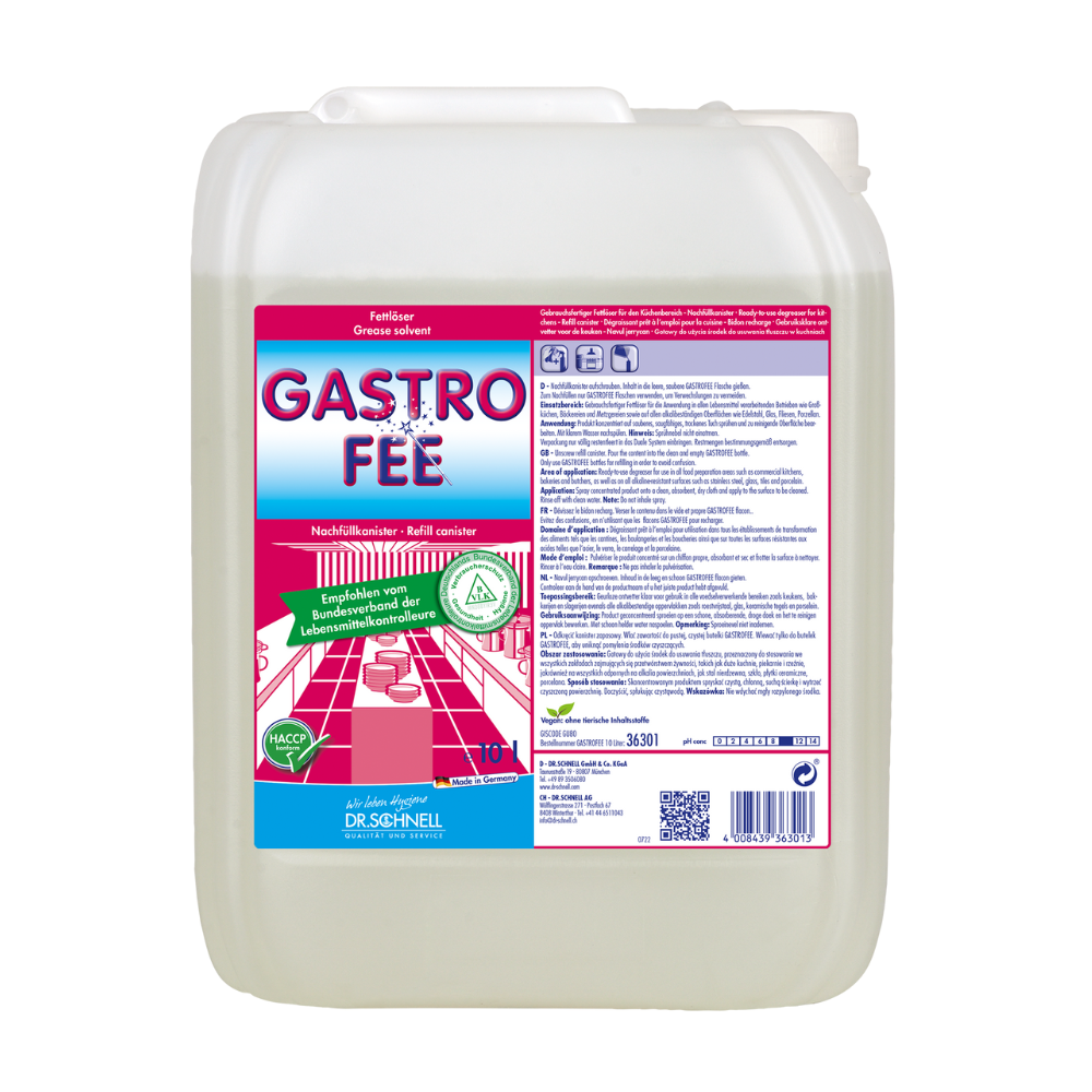 Ένα μεγάλο πλαστικό δοχείο με την επιγραφή «Dr. Schnell GastroFee καθαριστικό λαδιού και λίπους, έτοιμο προς χρήση» από την DR.SCHNELL GmbH & Co. KGaA παρουσιάζει λεπτομερείς πληροφορίες προϊόντος και οδηγίες χρήσης. Η ετικέτα τονίζει την ικανότητα διάλυσης του λίπους με γραφικά μιας μεγάλης κουζίνας, σύμβολα για ασφάλεια, πρότυπα πιστοποίησης και την καταλληλότητα για αλκαλικά ανθεκτικές επιφάνειες.