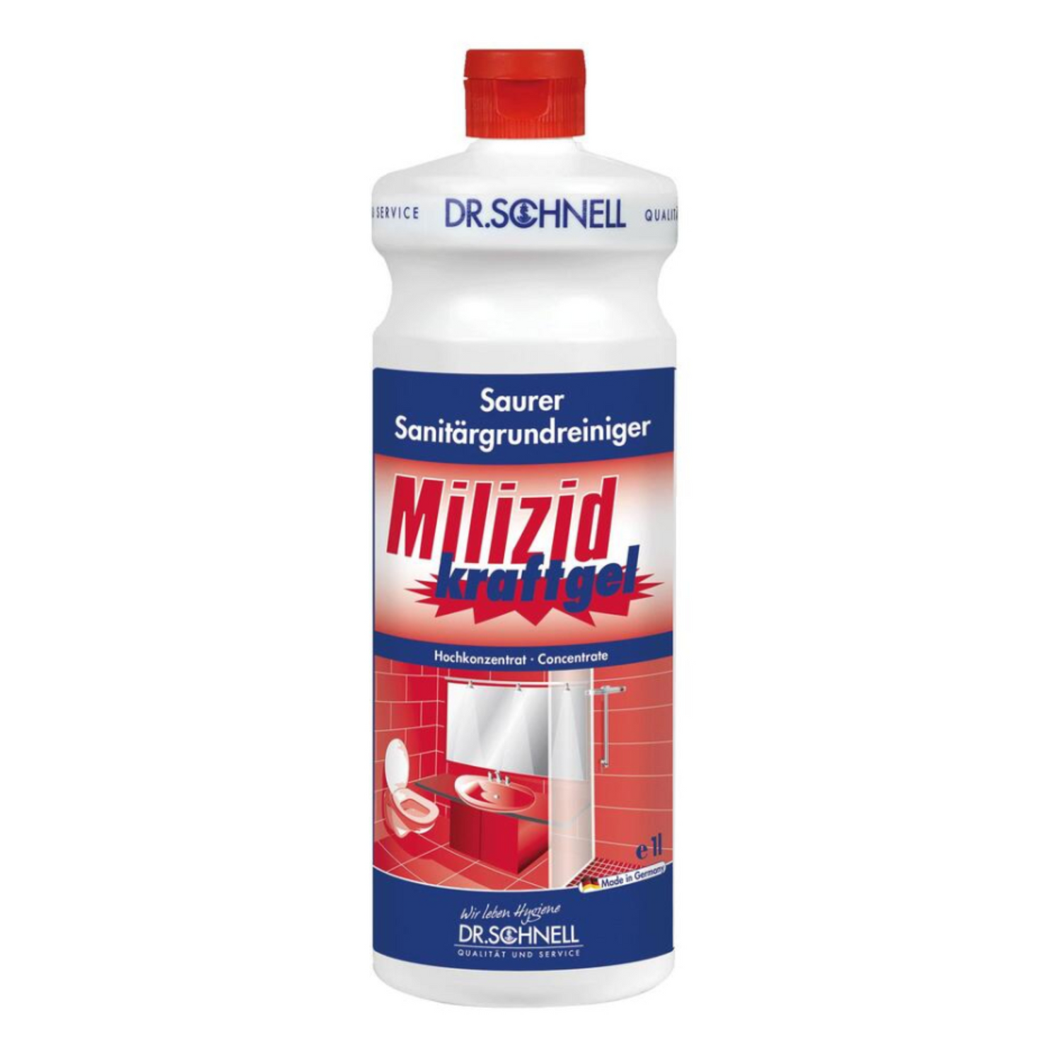 Eine 1-Liter-Flasche Dr. Schnell MILIZID Kraftgel Sanitärgrundreiniger von DR.SCHNELL GmbH & Co. KGaA mit rotem Verschluss und hochkonzentrierter Formel für die Tiefenreinigung in Toiletten und Duschen.