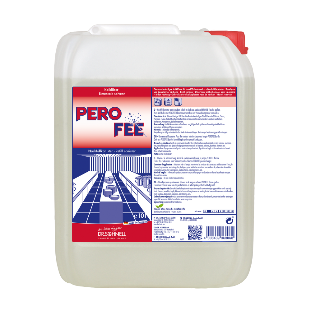 Ένα μεγάλο λευκό πλαστικό δοχείο με κόκκινο καπάκι φέρει την επιγραφή «Dr. Schnell PeroFee Kalklöser, έτοιμο προς χρήση», συνοδευόμενο από γερμανικό κείμενο και μια εικόνα ενός στυλιζαρισμένου μπάνιου με νιπτήρα και καθρέφτες, καθιστώντας το ιδανικό για επιφάνειες ανθεκτικές στα οξέα. Το δοχείο των 10 λίτρων, κατασκευασμένο από την DR.SCHNELL GmbH & Co. KGaA, είναι σχεδιασμένο για τη μεταφορά καθαριστικών διαλυμάτων.