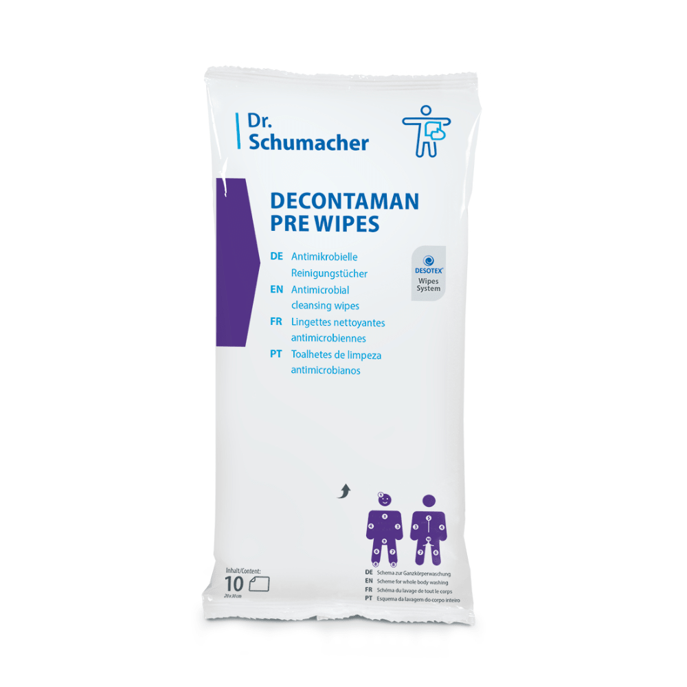Η εικόνα δείχνει μια συσκευασία Dr. Schumacher Decontaman Pre Wipes καθαριστικά μαντηλάκια από την Dr. Schumacher GmbH, ιδανικά για τον αντιμικροβιακό καθαρισμό. Η λευκή συσκευασία είναι διακοσμημένη με μπλε και μοβ κείμενο και προσφέρει λεπτομέρειες προϊόντος σε πολλές γλώσσες, μαζί με εικονογραφήσεις χρήσης και μια ένδειξη για 10 μαντηλάκια που περιέχουν 2% χλωρεξιδίνη.