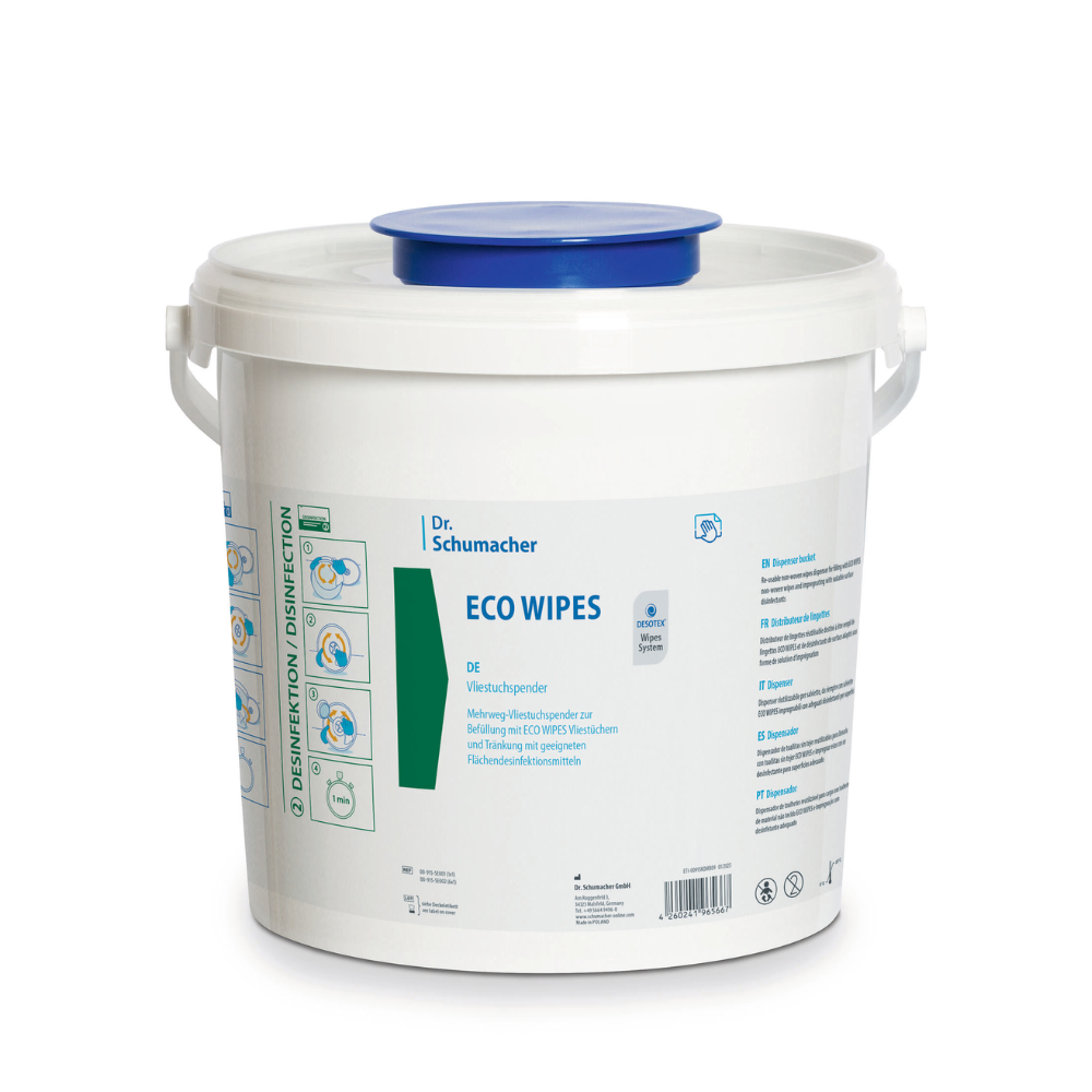 Ένας λευκός διανομέας υφασμάτων Eco Wipes χωρίς μαντηλάκια από πλαστικό από την Dr. Schumacher GmbH με την επιγραφή «Dr. Schumacher ECO WIPES» και μπλε καπάκι. Ο περιέκτης περιέχει πληροφορίες προϊόντος και οδηγίες χρήσης καθώς και σύμβολα που υποδεικνύουν τις απολυμαντικές ιδιότητες και πληροφορίες ανακύκλωσης.