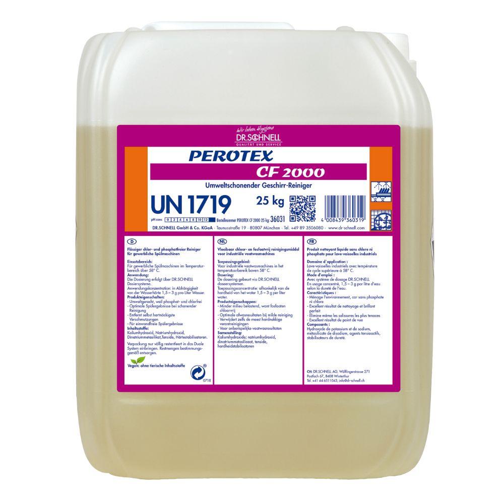 Ένα πλαστικό δοχείο 25 κιλών με Dr. Schnell PEROTEX CF 2000 Απορρυπαντικό πιάτων χωρίς χλώριο από την DR.SCHNELL GmbH & Co. KGaA, με οδηγίες σε πολλές γλώσσες, σύμβολα ασφαλείας και τον κωδικό επικίνδυνων ουσιών UN 1719.