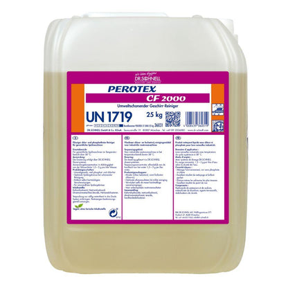 Ένα πλαστικό δοχείο 25 κιλών με Dr. Schnell PEROTEX CF 2000 Απορρυπαντικό πιάτων χωρίς χλώριο από την DR.SCHNELL GmbH & Co. KGaA, με οδηγίες σε πολλές γλώσσες, σύμβολα ασφαλείας και τον κωδικό επικίνδυνων ουσιών UN 1719.