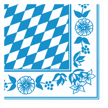 Die Ecke weist ein blau-weißes Muster auf, das an eine Dunisoft®-Serviette der Duni GmbH erinnert, mit einer floralen Bordüre aus Beeren und Blättern neben diagonalen, Bayernrauten-ähnlichen blauen Schachbrettrauten auf weißem Hintergrund, und spiegelt so den eleganten Stil einer Einwegserviette wider.
