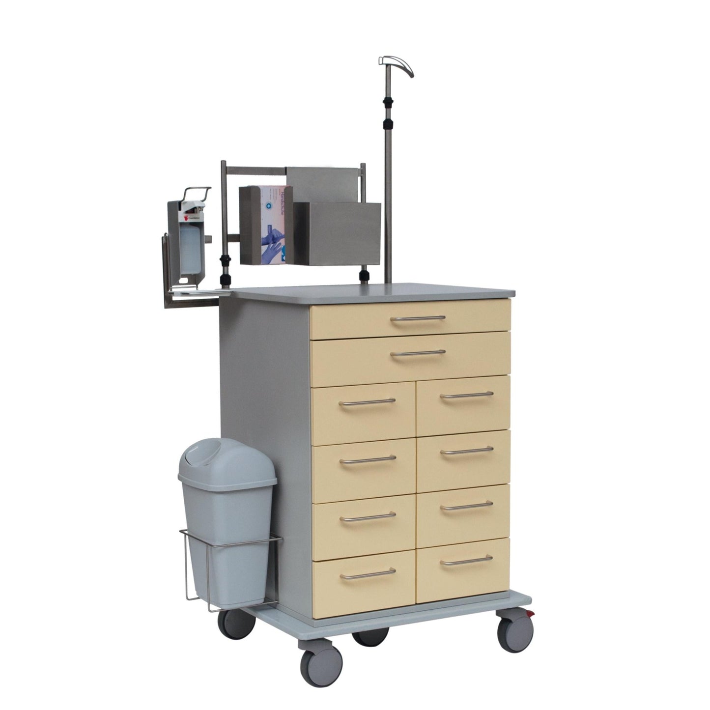 Το καροτσάκι ενδοσκόπησης Novocal διαθέτει ένα σταθερό πλαίσιο από πλήρες πλαστικό, εννέα μπεζ συρτάρια, μια γκρίζα επιφάνεια εργασίας, έναν κάδο απορριμμάτων, θήκες εγγράφων, μια ράβδο έγχυσης και ρόδες - ιδανικό για ευέλικτη χρήση σε ιατρικές εγκαταστάσεις.