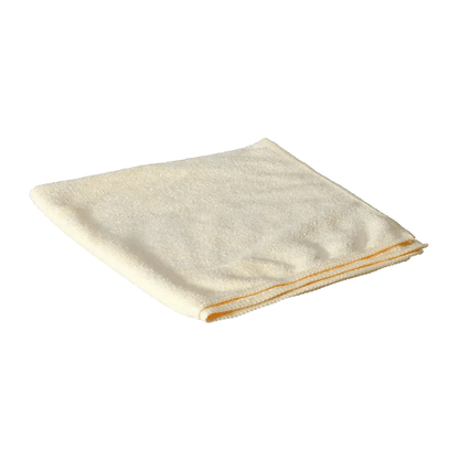 Μια πετσέτα μικροϊνών AMPri Clean Comfort 40 x 40, με τη μάρκα AMPri Handelsgesellschaft mbH, βρίσκεται καθαρά διπλωμένη σε ένα απλό λευκό φόντο. Έχει κρεμ χρώμα με κίτρινο περίγραμμα και προσφέρει καθαρή άνεση σε κάθε περιβάλλον.
