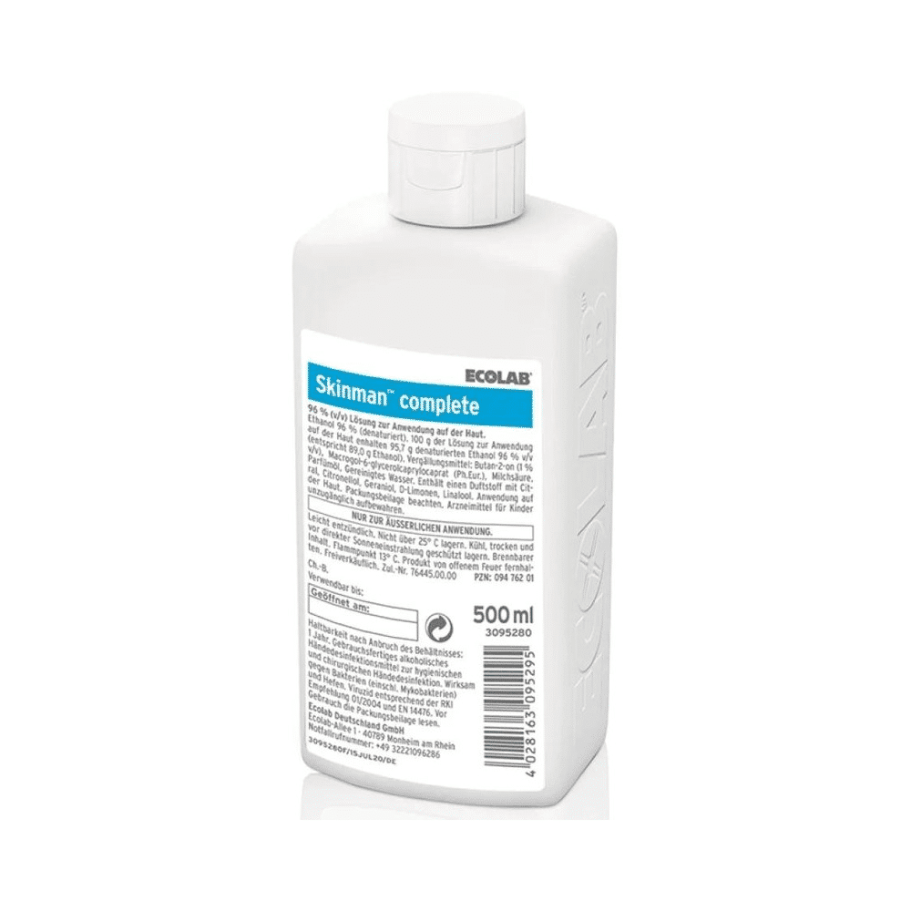 Ένα λευκό πλαστικό μπουκάλι 500 ml Ecolab Skinman® complete απολύμανση χεριών (διακοπτόμενο προϊόν) με λευκό καπάκι και μπλε-λευκή ετικέτα με πληροφορίες προϊόντος και οδηγίες χρήσης για αποτελεσματική απολύμανση χεριών.