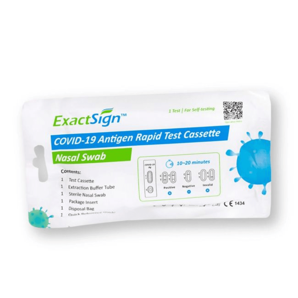 ExactSign Covid-19 Antigen Schnelltest (Laientest), Softpack: Σετ αυτοελέγχου με ρινικό επίχρισμα, λίστα περιεχομένων, χρόνος αποτελέσματος 10-20 λεπτά και βοήθεια ερμηνείας για θετικά/αρνητικά/άκυρα αποτελέσματα. Ιδανικό για γρήγορο τεστ SARS-CoV-2 στο σπίτι.