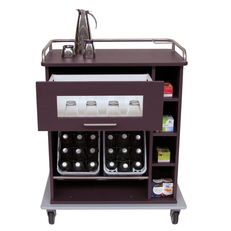 Το Novocal κινητό ντουλάπι σερβιρίσματος διαθέτει ένα ανθεκτικό πλαίσιο από πλήρες πλαστικό, συρτάρια για ποτήρια, αποθηκευτικό χώρο για φιάλες ποτών και πλευρικά ράφια για δοχεία τσαγιού ή καφέ - ιδανικό για υγιεινή μεταφορά.