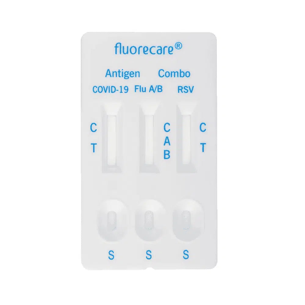 Το Fluorecare SARS-CoV-2, Influenza A + B & RSV Antigen Kombitest είναι μια ολοκληρωμένη λύση για την ανίχνευση του COVID-19, της γρίπης A/B και του RSV. Αυτή η πρακτική ταινία δοκιμής διαθέτει σαφώς αναγνωρίσιμα τμήματα με τις σημάνσεις C, A, B και T καθώς και μικρά παράθυρα αποτελεσμάτων, για την αποτελεσματική διεξαγωγή δοκιμών για το SARS-CoV-2 καθώς και για αντιγόνα γρίπης A/B και RSV.