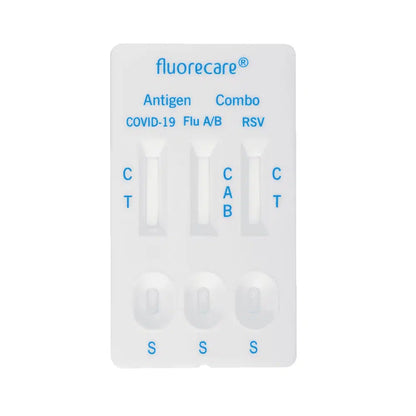 Το Fluorecare SARS-CoV-2, Influenza A + B & RSV Antigen Kombitest είναι μια ολοκληρωμένη λύση για την ανίχνευση του COVID-19, της γρίπης A/B και του RSV. Αυτή η πρακτική ταινία δοκιμής διαθέτει σαφώς αναγνωρίσιμα τμήματα με τις σημάνσεις C, A, B και T καθώς και μικρά παράθυρα αποτελεσμάτων, για την αποτελεσματική διεξαγωγή δοκιμών για το SARS-CoV-2 καθώς και για αντιγόνα γρίπης A/B και RSV.