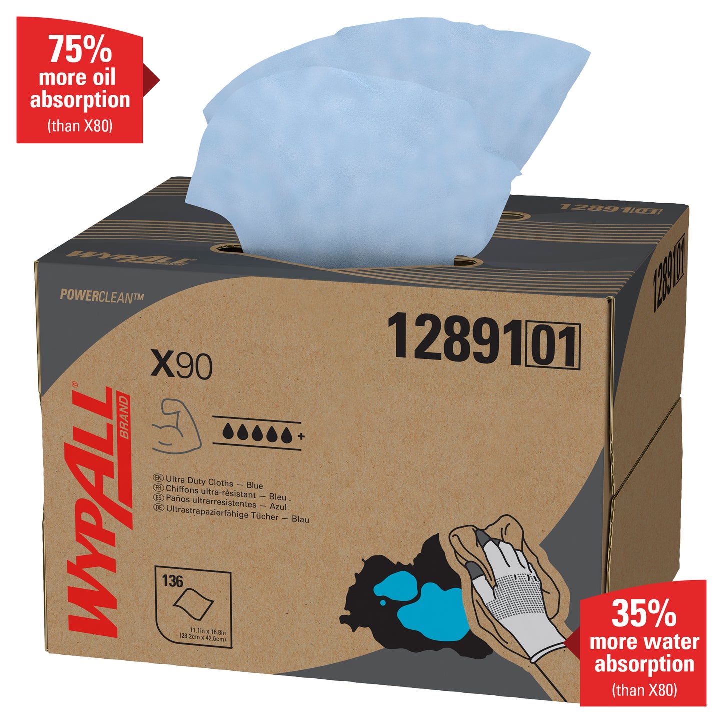 Το WypAll® X90 PowerClean - BRAG™ Box/Μπλε (1 Box x 136 φύλλα) της Kimberly-Clark GmbH απορροφά 75% περισσότερο λάδι και 35% περισσότερο νερό από το X80 - η κορυφαία λύση σας για ισχυρούς ρύπους.