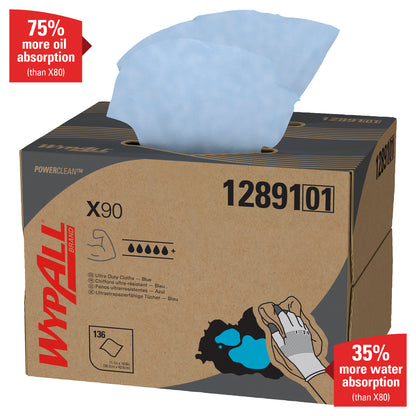 Το WypAll® X90 PowerClean - BRAG™ Box/Μπλε (1 Box x 136 φύλλα) της Kimberly-Clark GmbH απορροφά 75% περισσότερο λάδι και 35% περισσότερο νερό από το X80 - η κορυφαία λύση σας για ισχυρούς ρύπους.