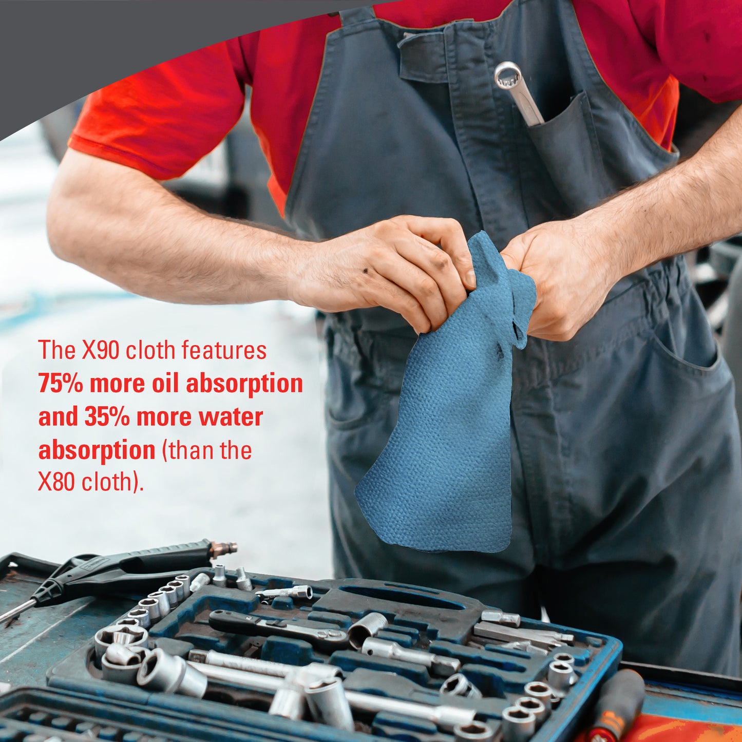 Ένα άτομο με φόρμα εργασίας χρησιμοποιεί ένα μπλε πανί WypAll® X90 PowerClean της Kimberly-Clark GmbH σε έναν πάγκο εργασίας. Το κείμενο τονίζει την ανώτερη απορρόφηση λαδιού και νερού σε σύγκριση με το X80, καθιστώντας το ιδανικό για κάθε λύση καθαρισμού. 1 BRAG™ Box περιέχει 136 φύλλα.
