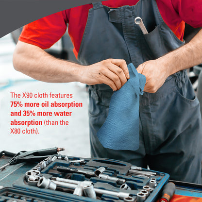 Ένα άτομο με φόρμα εργασίας χρησιμοποιεί ένα μπλε πανί WypAll® X90 PowerClean της Kimberly-Clark GmbH σε έναν πάγκο εργασίας. Το κείμενο τονίζει την ανώτερη απορρόφηση λαδιού και νερού σε σύγκριση με το X80, καθιστώντας το ιδανικό για κάθε λύση καθαρισμού. 1 BRAG™ Box περιέχει 136 φύλλα.