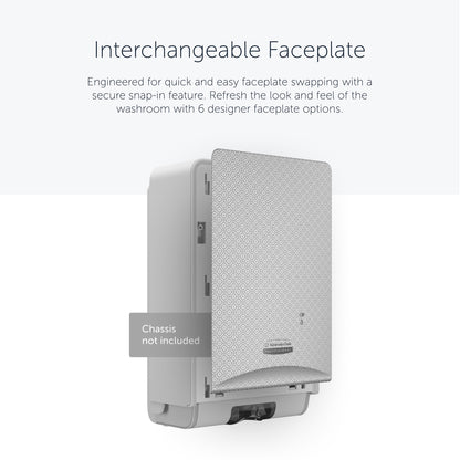 Die Kimberly-Clark Professional™ Icon™ Dispenser Faceplate - eSkinCare (20,32 x 27,30 x 3,81 cm) von Kimberly-Clark GmbH wird an der Wand montiert gezeigt; Etikettenhinweise sind nicht im Lieferumfang enthalten. Einfach austauschbare Frontplatte - ein wichtiges Waschraumzubehör.