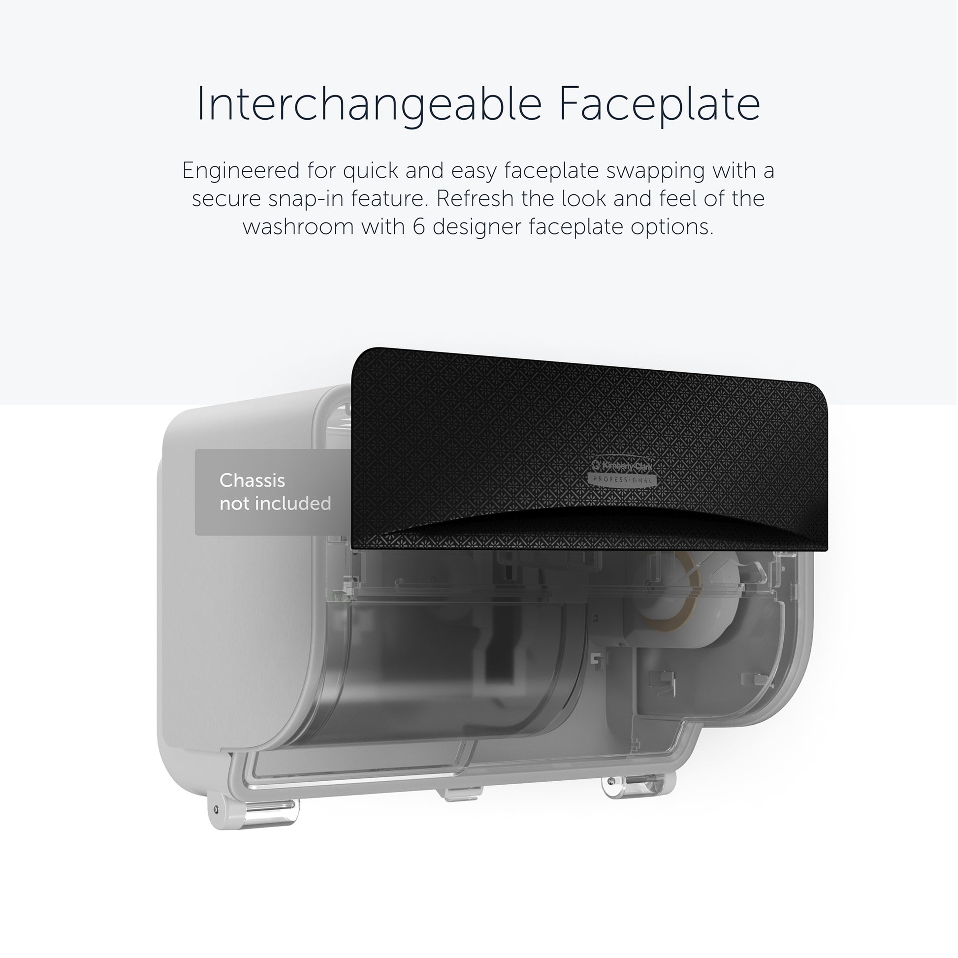 Die Kimberly-Clark Professional™ Icon™ Dispenser Faceplate - SRBH (32,39 x 10,80 x 3,18 cm) von Kimberly-Clark GmbH wird auf das transparente Icon Spendergehäuse aufgeschnappt; sechs Designoptionen verfügbar. Chassis nicht enthalten.