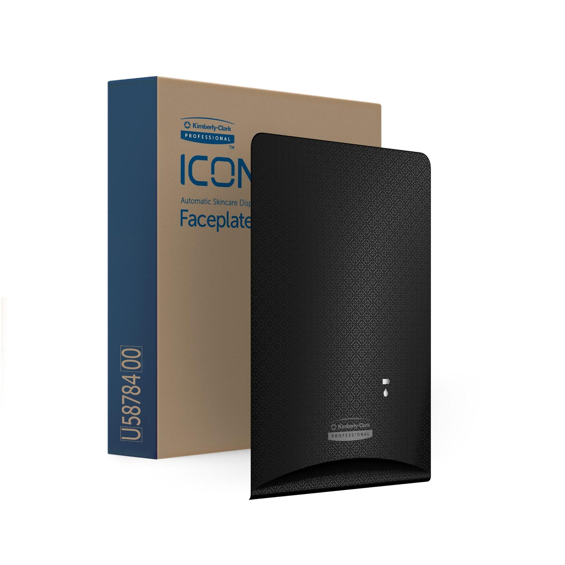 Hinter einer Schachtel mit der Aufschrift "Kimberly-Clark Professional™ Icon™ Dispenser Faceplate - eSkinCare" verbirgt sich eine strukturierte schwarze Faceplate (20,32 x 27,30 x 3,81 cm) der Kimberly-Clark GmbH mit einer blauen und beigen Verpackung, ideal für Waschraumzubehör.