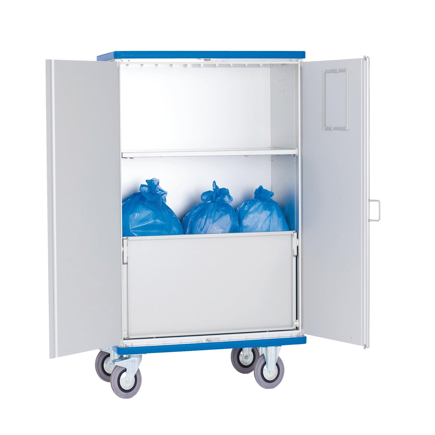 Το καροτσάκι Novocal από ανοδιωμένο αλουμίνιο με περιστρεφόμενες πτέρυγες πόρτες 270° και μεσαίο ράφι προσφέρει οργανωμένη αποθήκευση και μεταφορά. Τέσσερις γκρι τροχοί και ένα μπλε καπάκι ολοκληρώνουν το πρακτικό επαγγελματικό καροτσάκι.