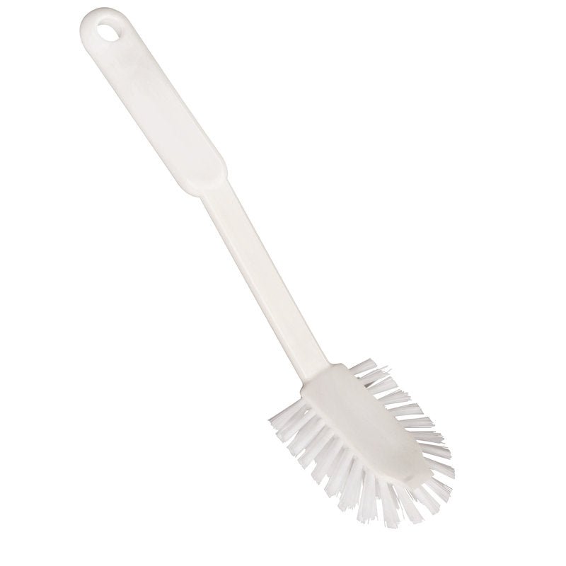 Η Haug Bürsten KG SPÜLBÜRSTE OVAL διαθέτει σκληρές λευκές τρίχες Nylon 6.6 0,40mm και μακρύ χερούλι με τρύπα για κρέμασμα (270x65x20mm), ιδανική για τον αποτελεσματικό καθαρισμό της κουζίνας και το τρίψιμο πιάτων ή επιφανειών.
