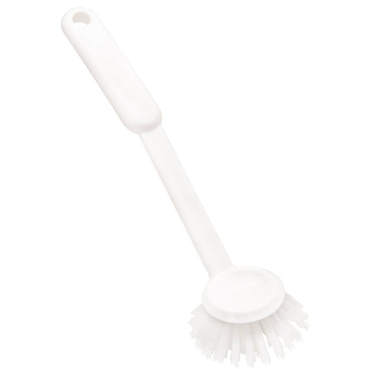 Die SPÜLBÜRSTE RUND der Haug Bürsten KG verfügt über steife, langlebige PBT-Borsten (ø0,35 mm), einen langen Stiel mit Aufhängeloch und eine Größe von 255 x 70 x 23 mm - ideal für die Küchenreinigung.